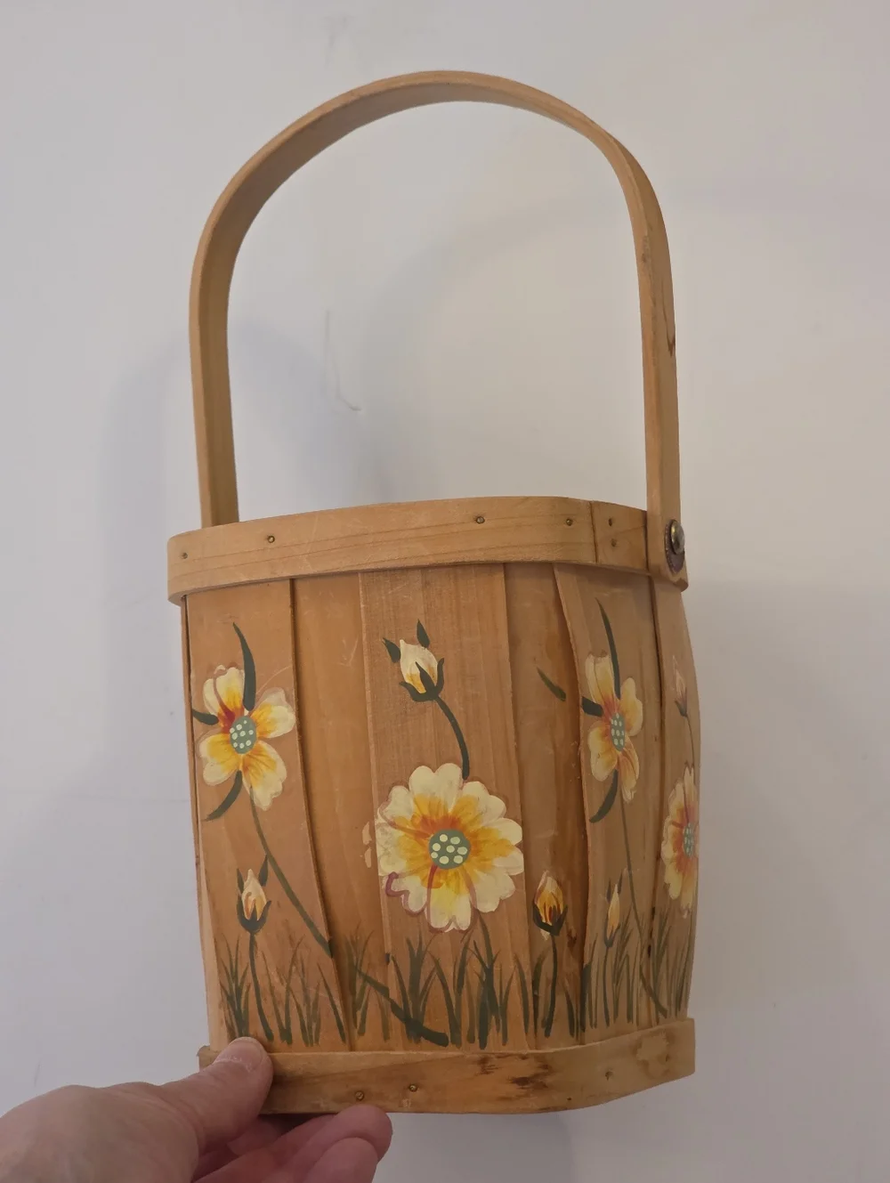Vtg Toll Painted Flowers Balsa Wood Accent Basket Cottagecore Prairie Artsy